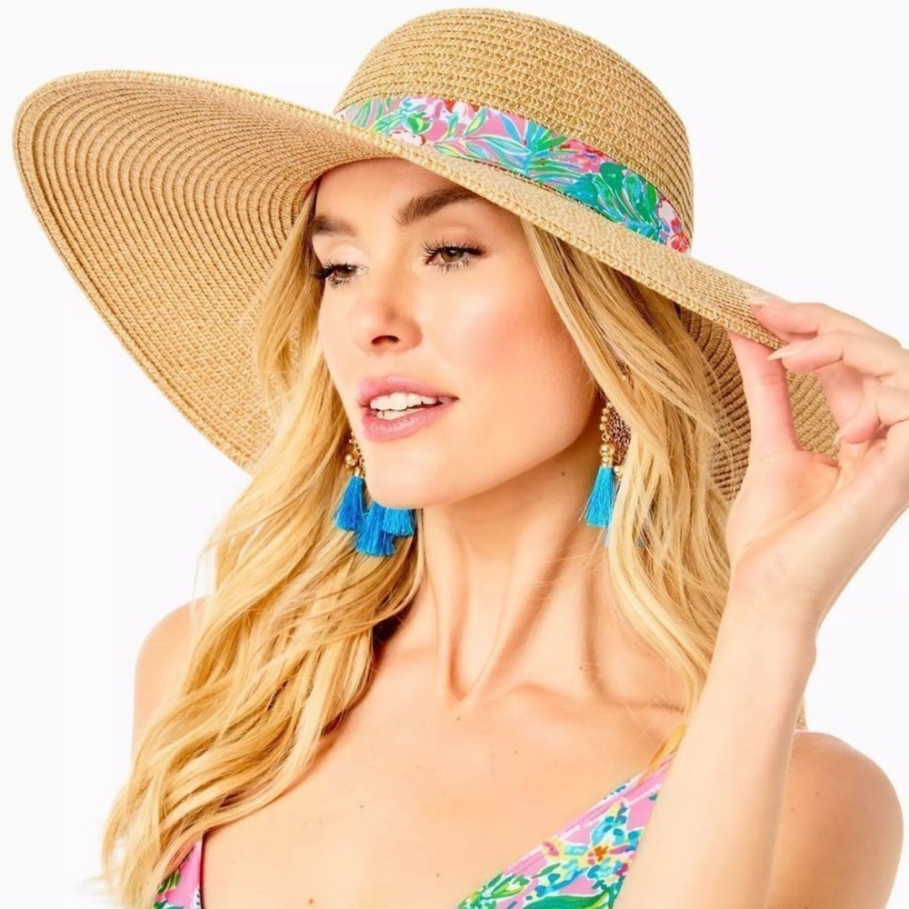 Lilly Pulitzer Tan Wide-Brim Hat with Pink and Green Band